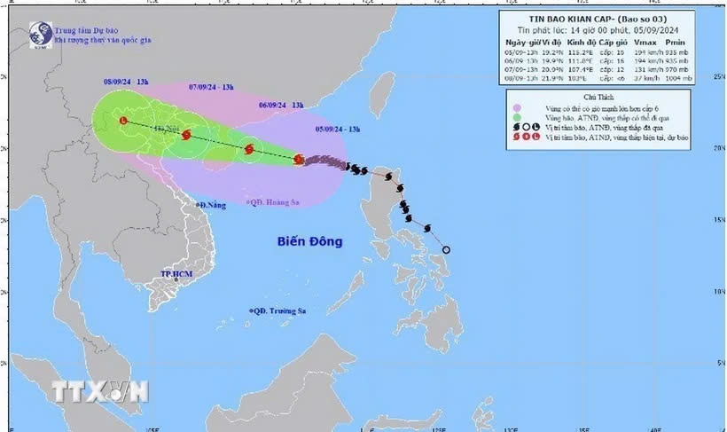 Đường đi của Bão số 3 lúc 13 giờ ngày 5/9.