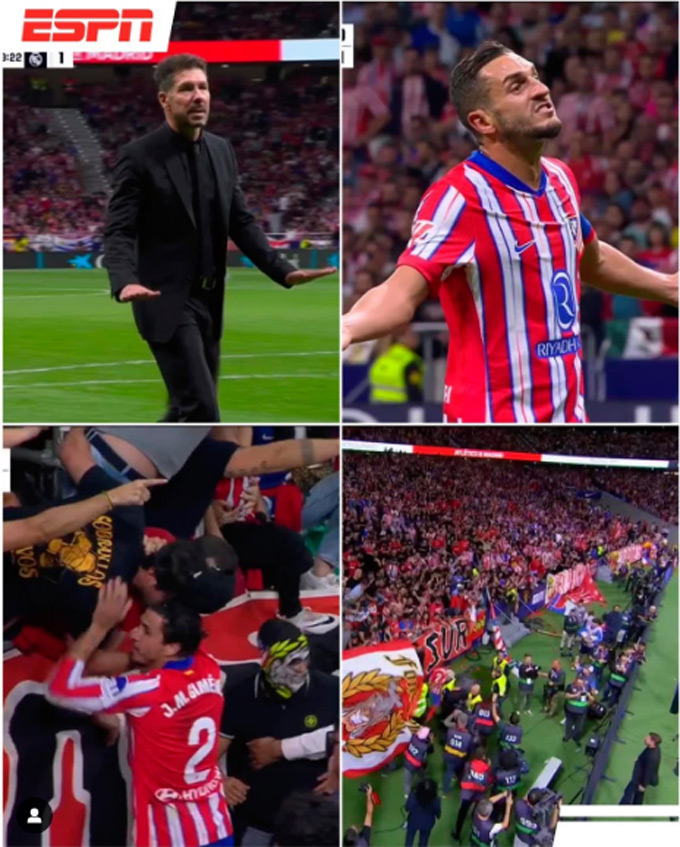 HLV Simeone và các cầu thủ Atletico đã phải thuyết phục các CĐV bình tĩnh.