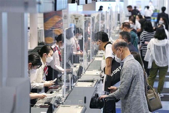 Nhân viên sân bay làm thủ tục cho hành khách tại sân bay Haneda ở Tokyo, Nhật Bản.