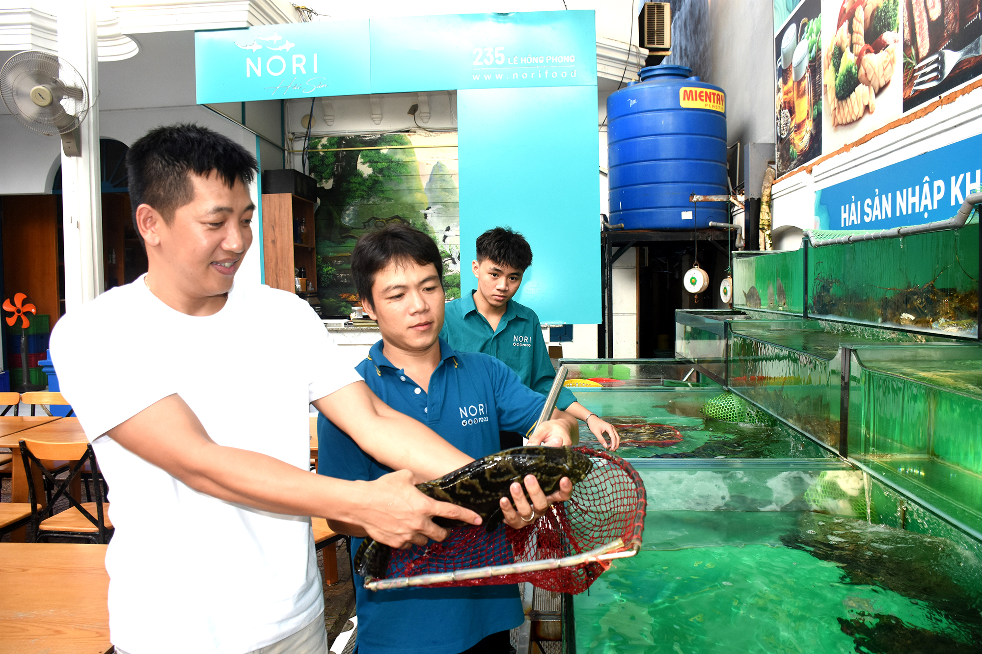 CEO Đặng Quốc Quyền với hải sản tươi sống tại nhà hàng Nori Food.