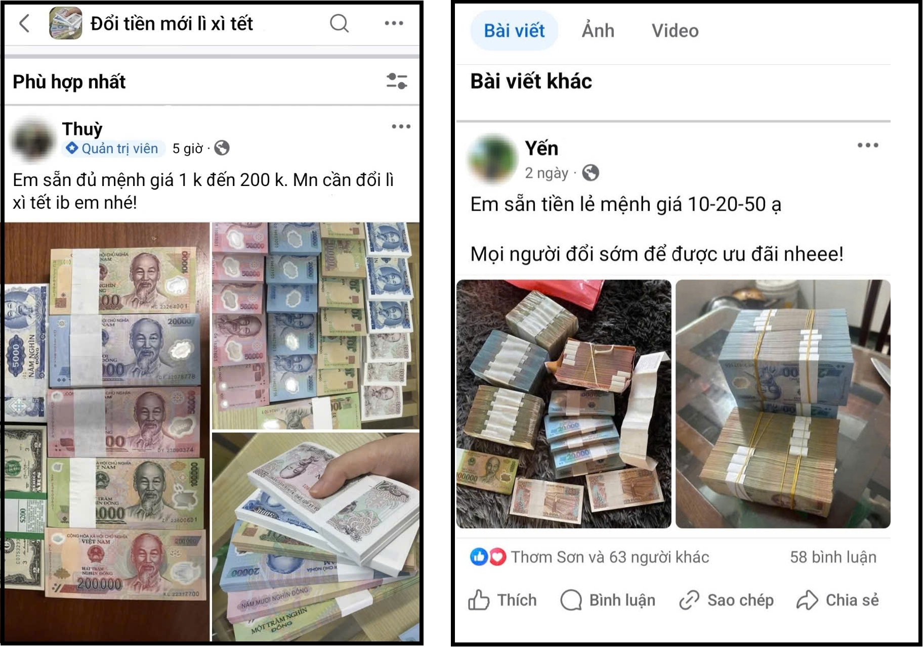 Các bài viết chào mời đổi tiền mới trên trang mạng xã hội Facebook. 