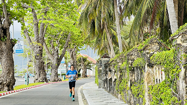 Du khách nước ngoài chạy bộ dưới hàng cây cổ thụ, bên cạnh là những công trình kiến trúc cổ.