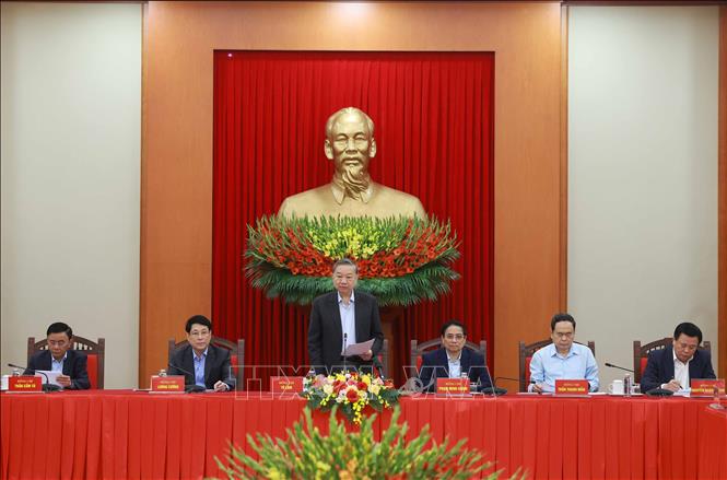 Tổng Bí thư Tô Lâm chủ trì phiên họp của Tiểu ban Văn kiện Đại hội XIV của Đảng - Ảnh: TTXVN