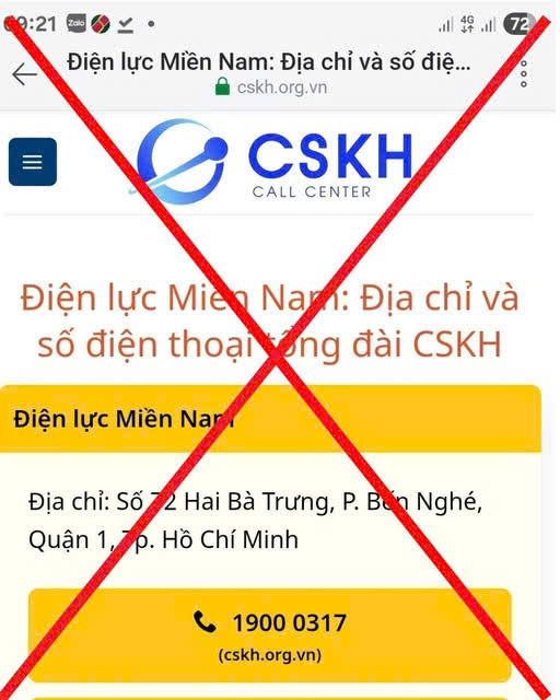 Ngành điện cảnh báo trang web giả mạo trung tâm chăm sóc khách hàng