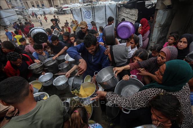 Người dân Palestine nhận thức ăn cứu trợ tại thành phố Gaza.