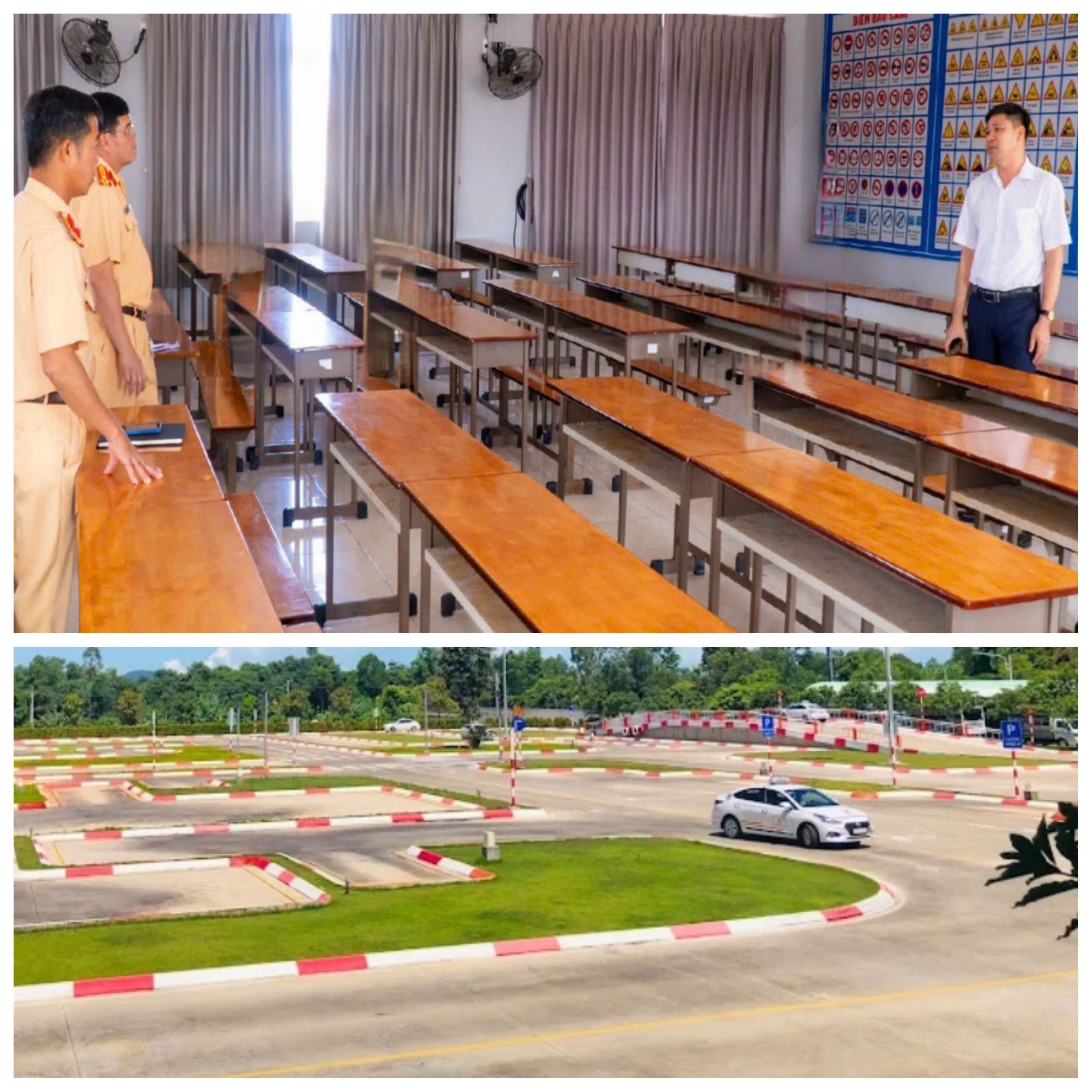 Lực lượng Cảnh sát giao thông kiểm tra phòng học và sân bãi trước kỳ thi sát hạch.