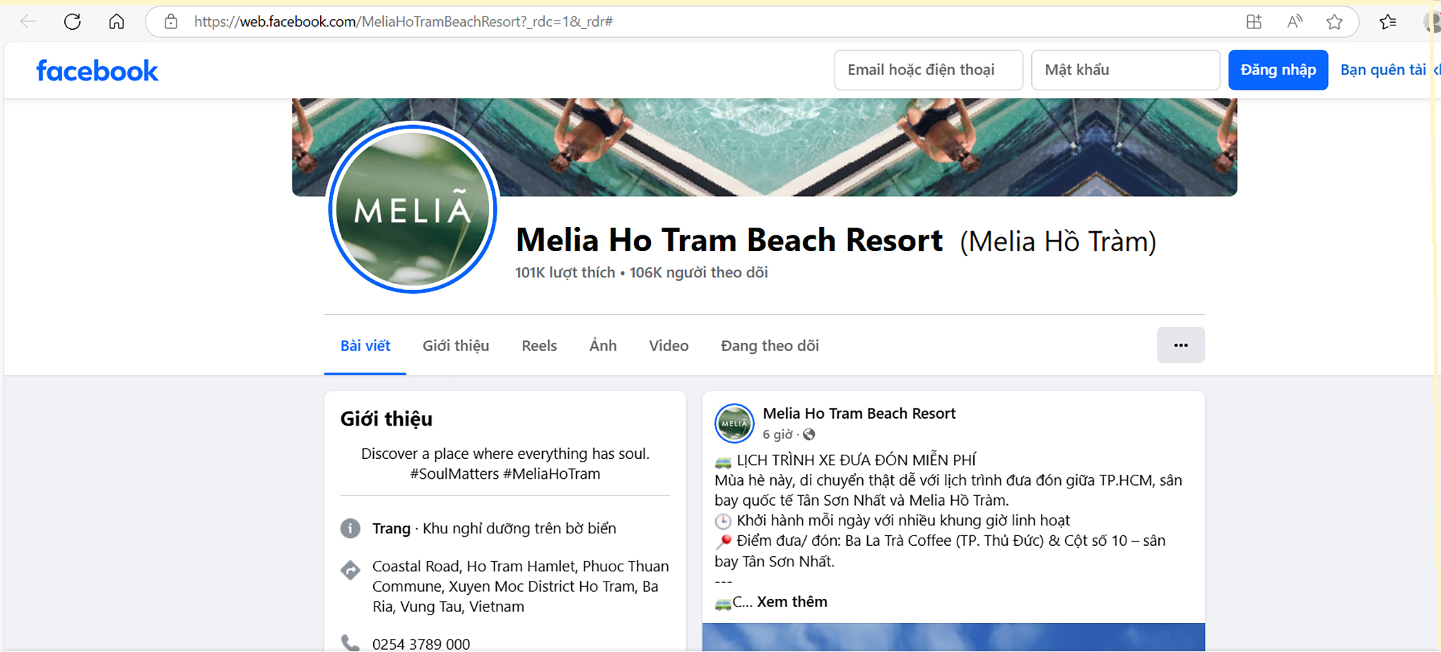 Trang Facebook thật của Meliá Ho Tram Beach Resort và trang Facebook giả (X). Chỉ nhân viên Meliá Ho Tram Beach Resort mới phân biệt được trang giả vì số điện thoại hiện thị không đúng.
