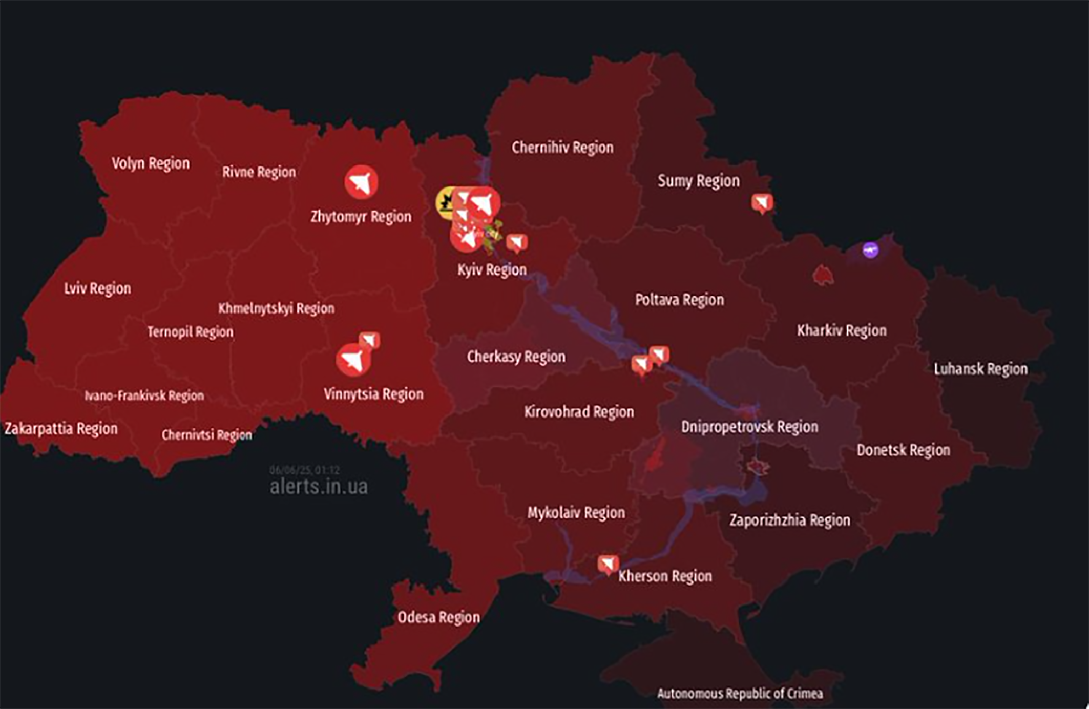 Bản đồ cảnh báo không kích ở Ukraine lúc 1 giờ 12 phút sáng 6/6.
