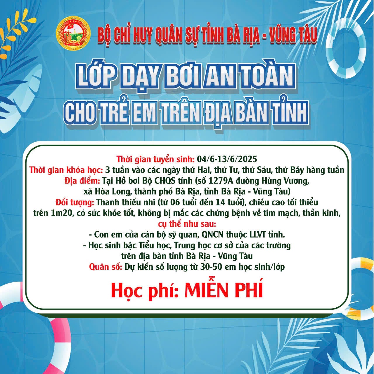 Bộ CHQS tỉnh mở lớp dạy bơi miễn phí cho trẻ từ 6-14 tuổi.