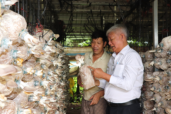 Ông Thân Xuân Động, Phó Chủ tịch Hội Nông dân huyện thăm hỏi tình hình hoạt động sản xuất nấm  của gia đình ông Phạm Văn Tinh, ấp Liên Hiệp, xã Xà Bang.