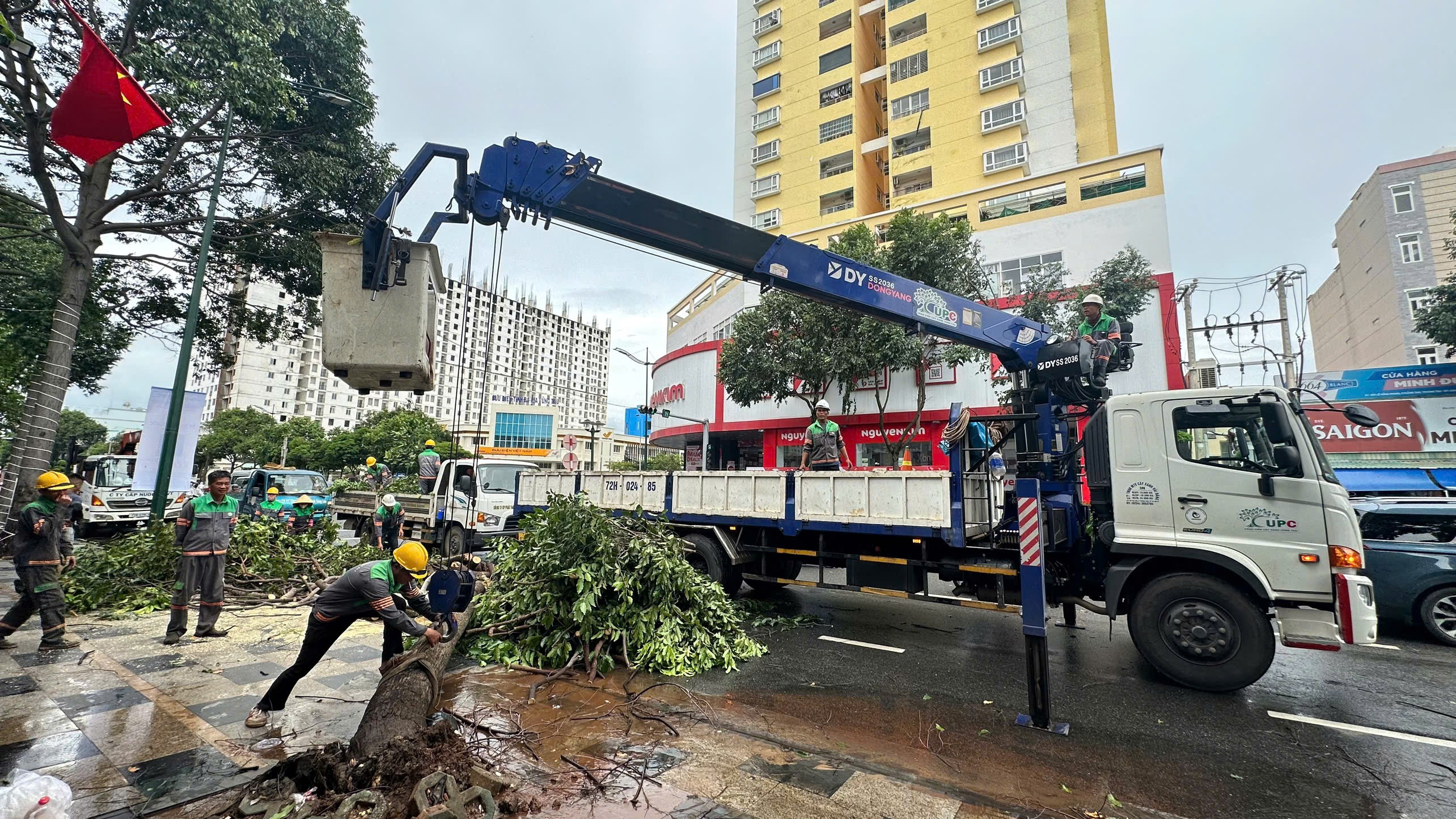 Một bảng hiệu lớn trên đường Bạch Đằng (phường Bà Rịa) bị dông lốc giật văng ra đường vào chiều 20-7. Ảnh: THÀNH AN